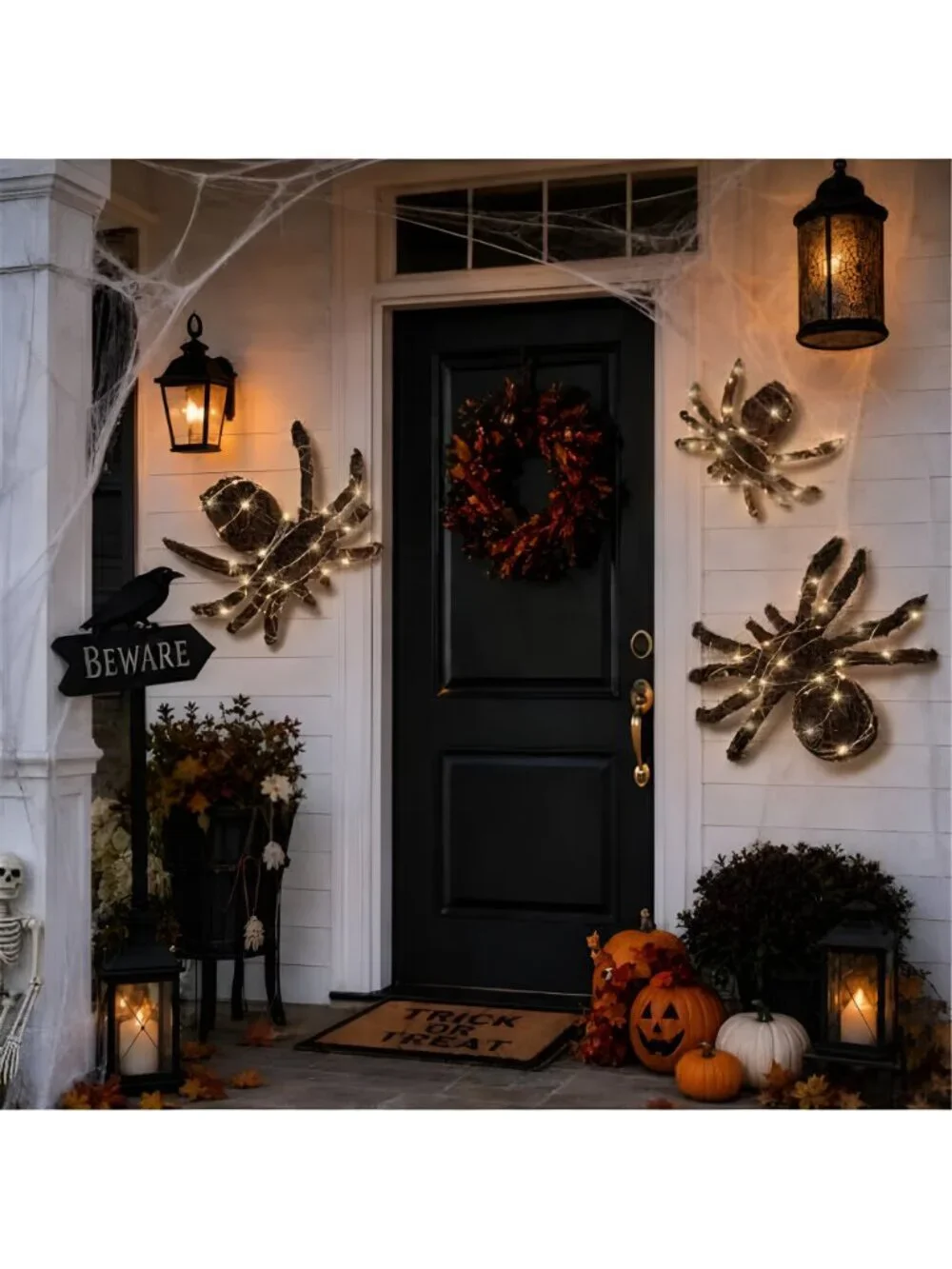 3 Pcs Halloween Rattan Woven Fake Spider Decor with String Lights
